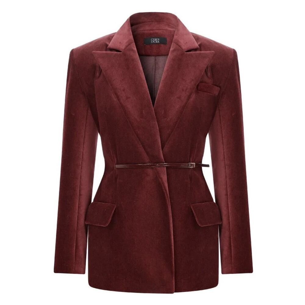 NWT Ceren Ocak Jacket in Velvet Burgundy Cotton Blazer Belted S Quiet Luxury